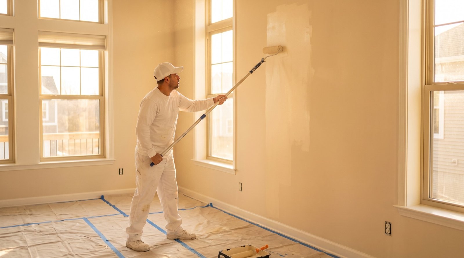 Painter rolling fresh ivory paint in a bright living room